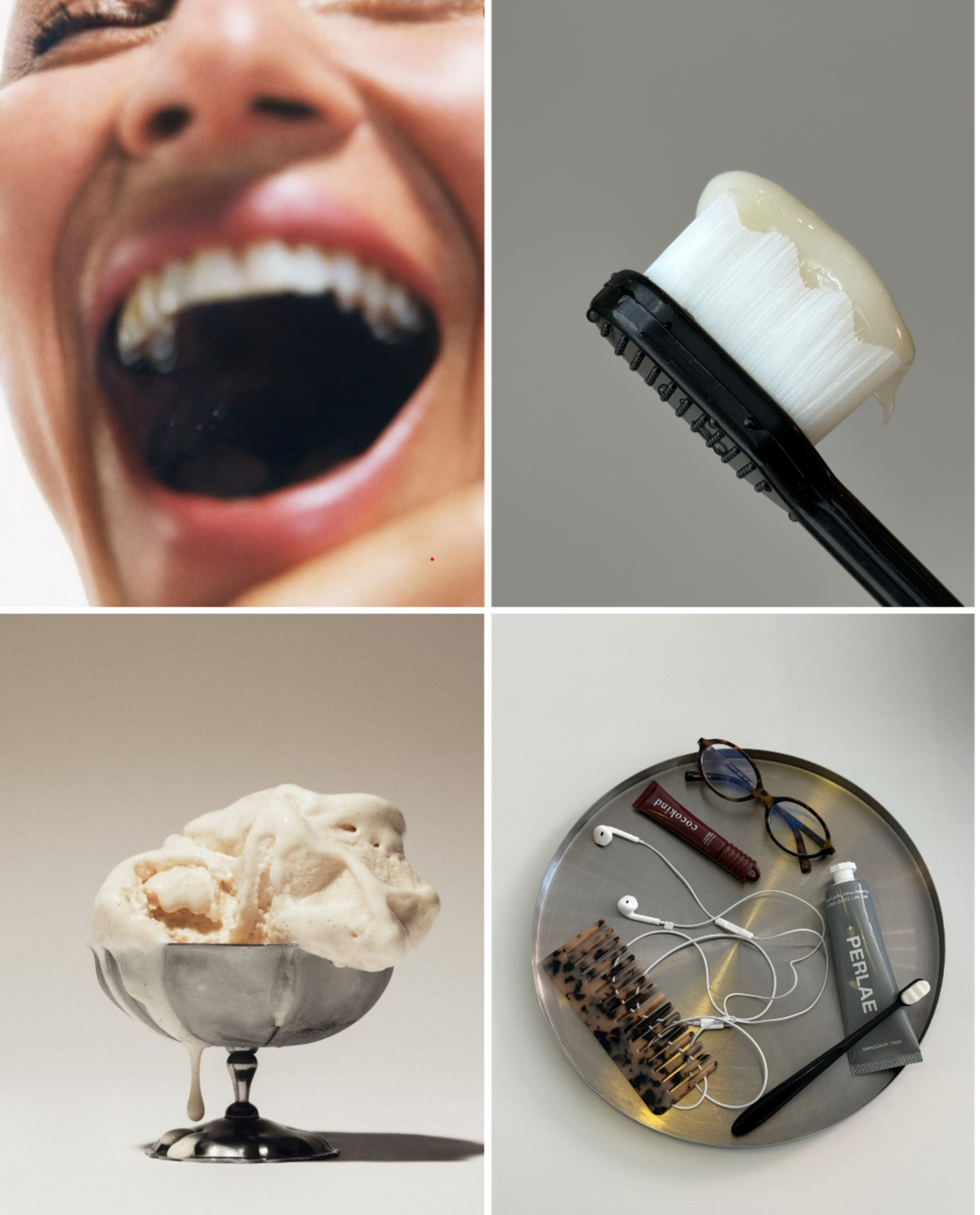 Collage of various images including a mouth, cleaning brush, food items, ice cream, bathroom scene, folded towels, glass with water, and toothpaste.